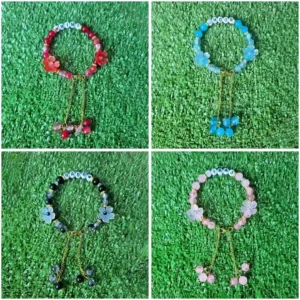 Red , Blue , Black, pink custom name flower beaded bracelet handmade with letter beads and gold chain charm