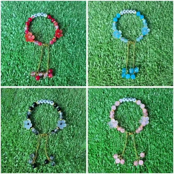Red , Blue , Black, pink custom name flower beaded bracelet handmade with letter beads and gold chain charm