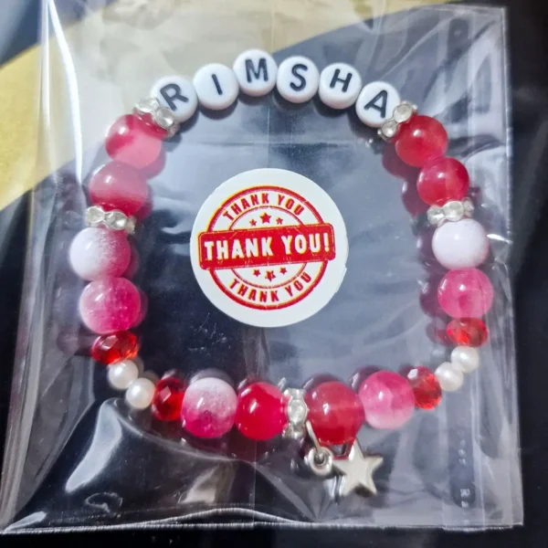Personalized Luxe Red Bracelet with custom names in thank you packaging