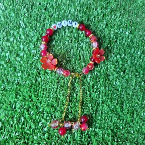 Red custom name flower beaded bracelet handmade with letter beads and gold chain charm