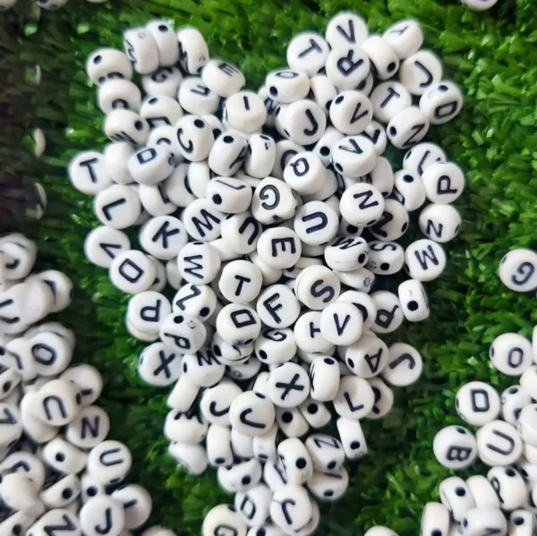 round white alphabet letter beads with black letters