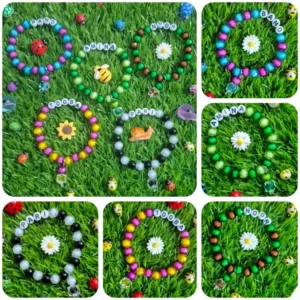 Personalized girls name beaded bracelets with ladybug bee snail sunflower charms - The Beading Sisters