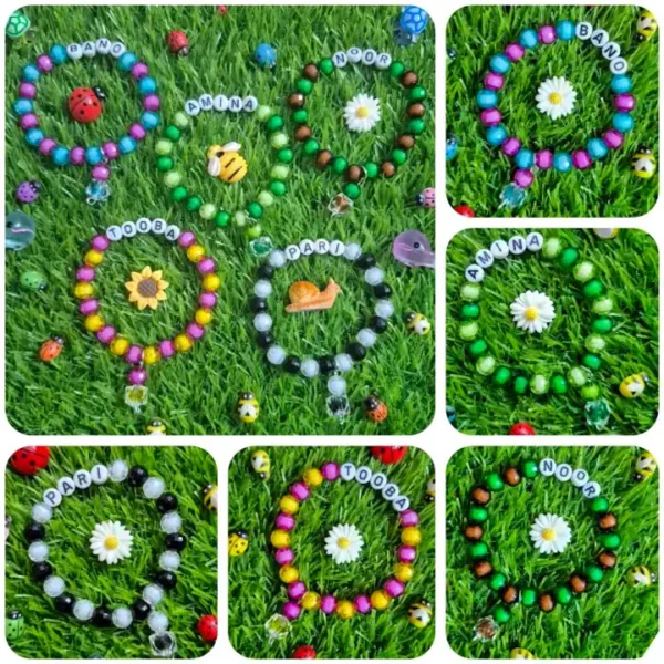 Personalized girls name beaded bracelets with ladybug bee snail sunflower charms - The Beading Sisters