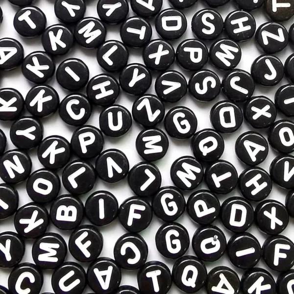 Black alphabet beads with white A to Z letters for making personalized name bracelets