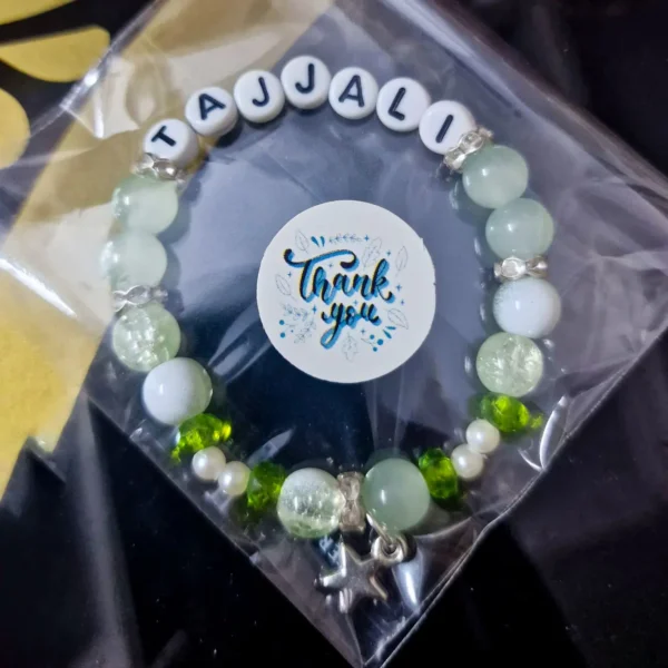 Personalized Luxe Lime Bracelet with custom names in thank you packaging